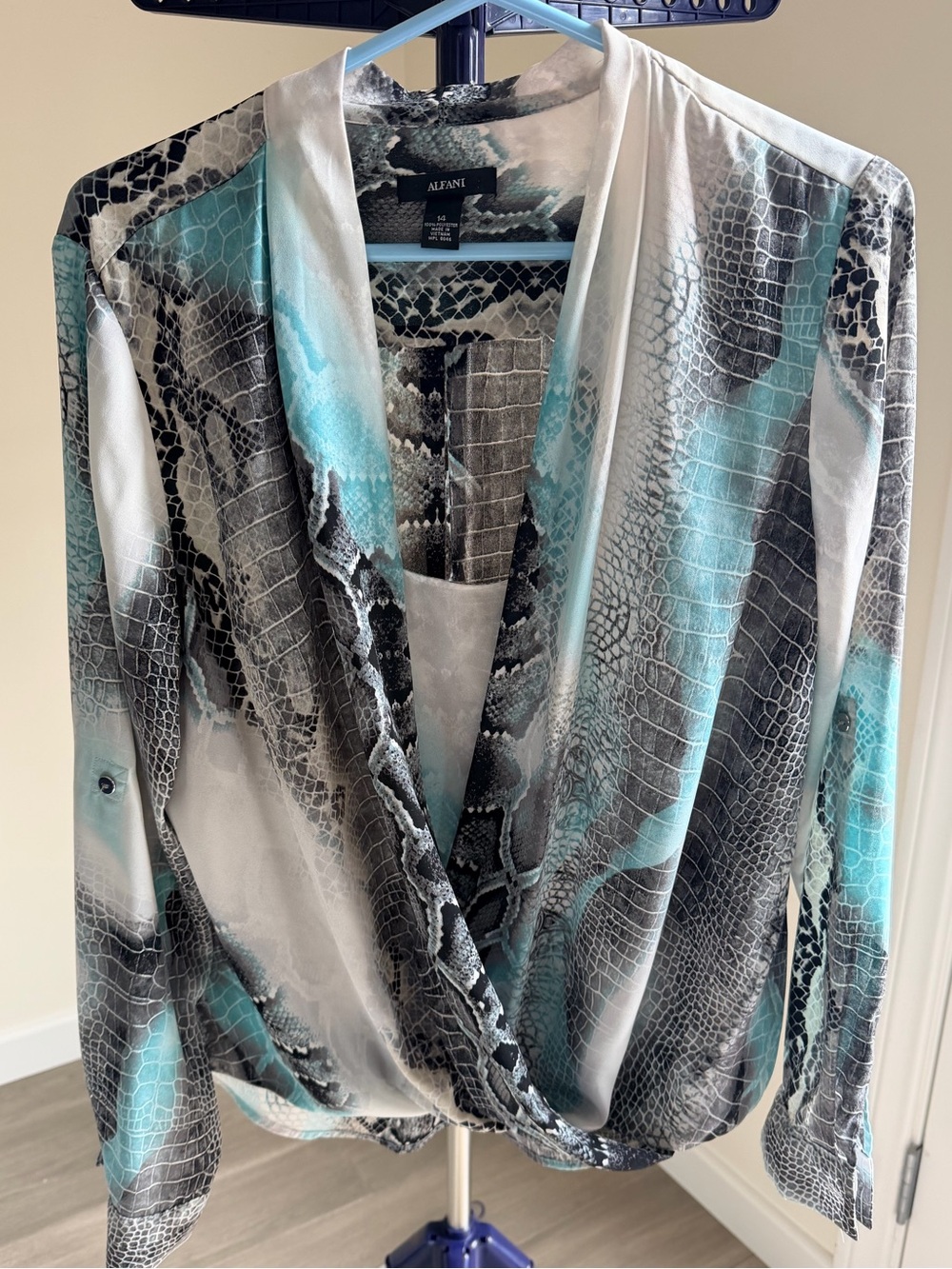Alfani Teal and Gray Snake-Print drape Blouse size 14